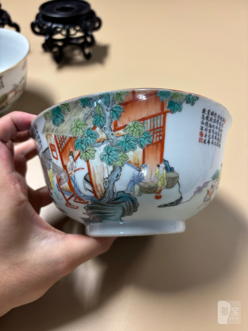 清道光 粉彩耕织图大碗一对 - 图5